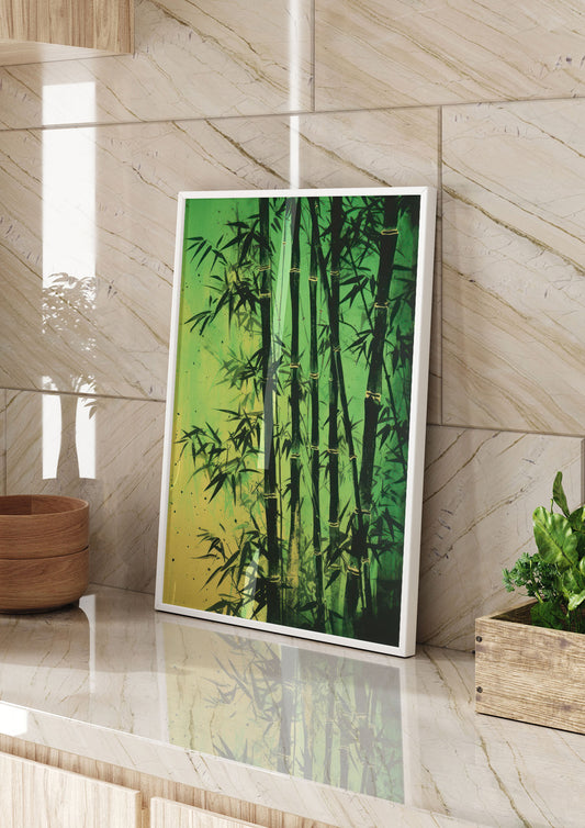 Bamboo in Vibrant Green Sumi-e Outline