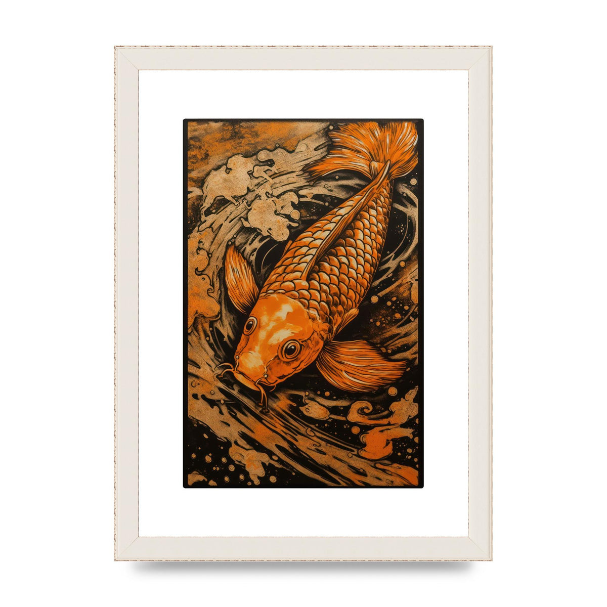 Fiery Orange Canvas with Koi Fish Ink Outline