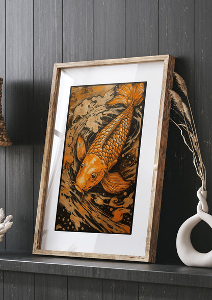 Fiery Orange Canvas with Koi Fish Ink Outline