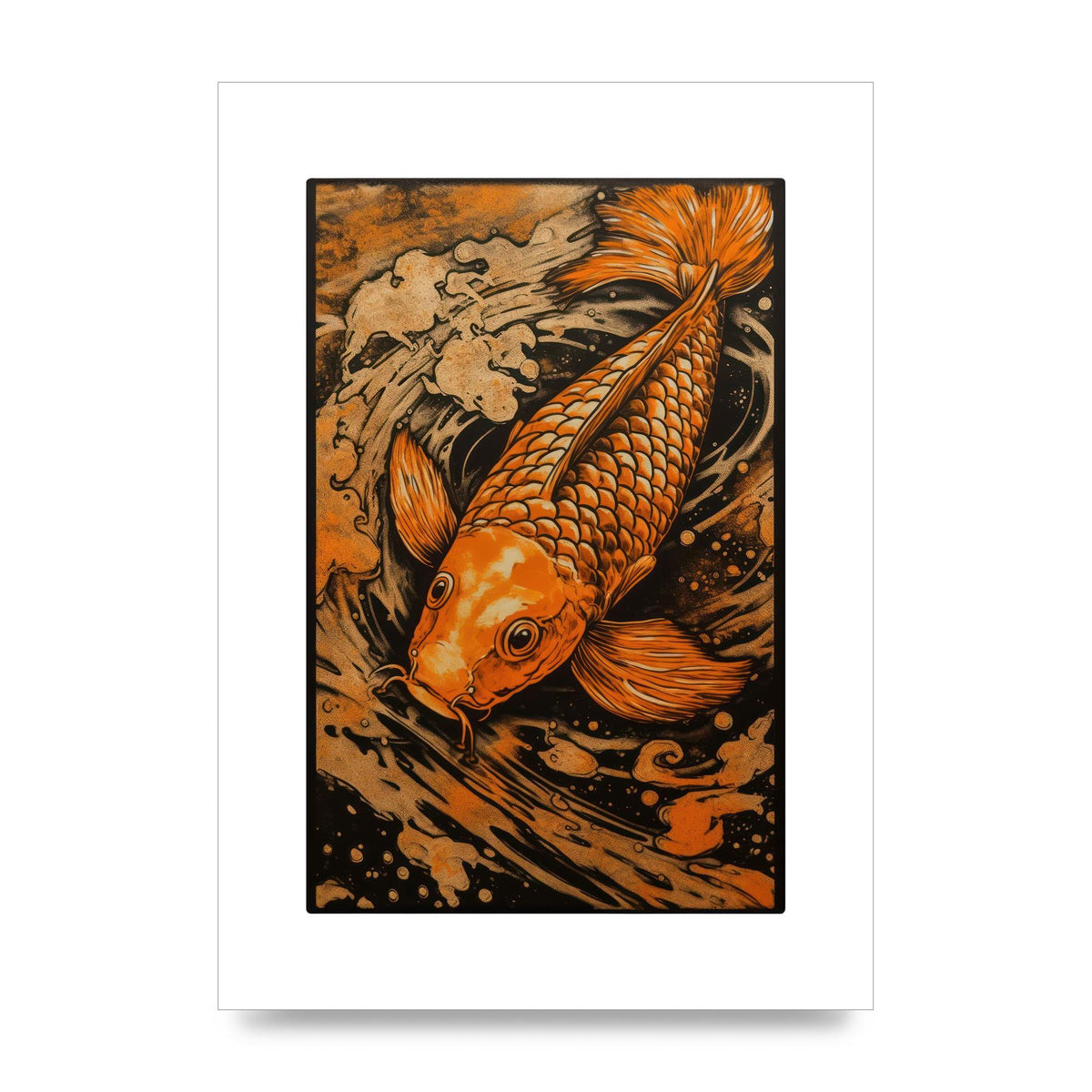 Fiery Orange Canvas with Koi Fish Ink Outline