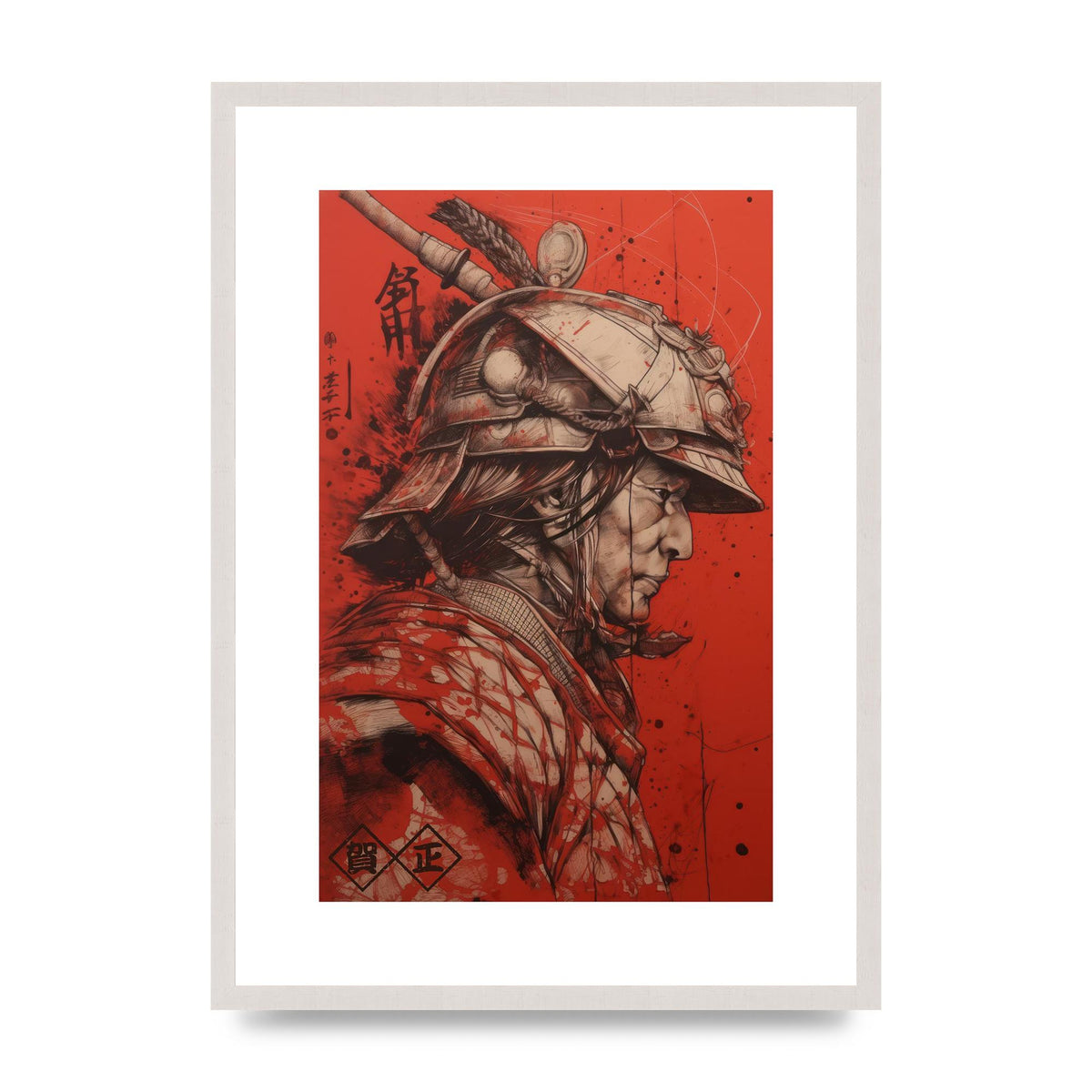 Samurai Profile in Majestic Helmet Sumi-e, print in an A2 white saw cut grain frame