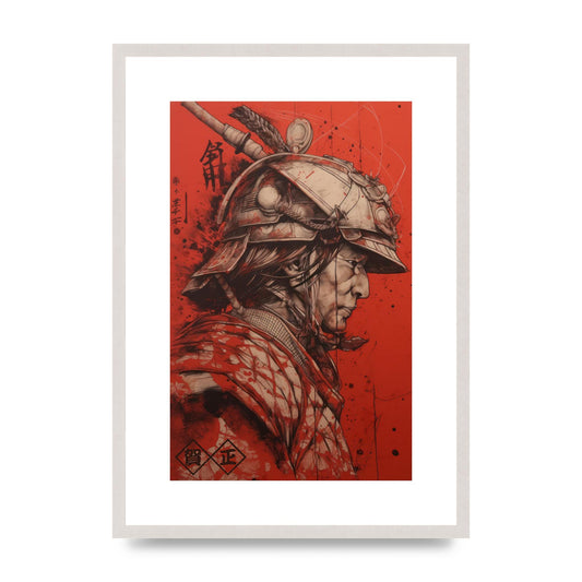 Samurai Profile in Majestic Helmet Sumi-e, print in an A2 white saw cut grain frame
