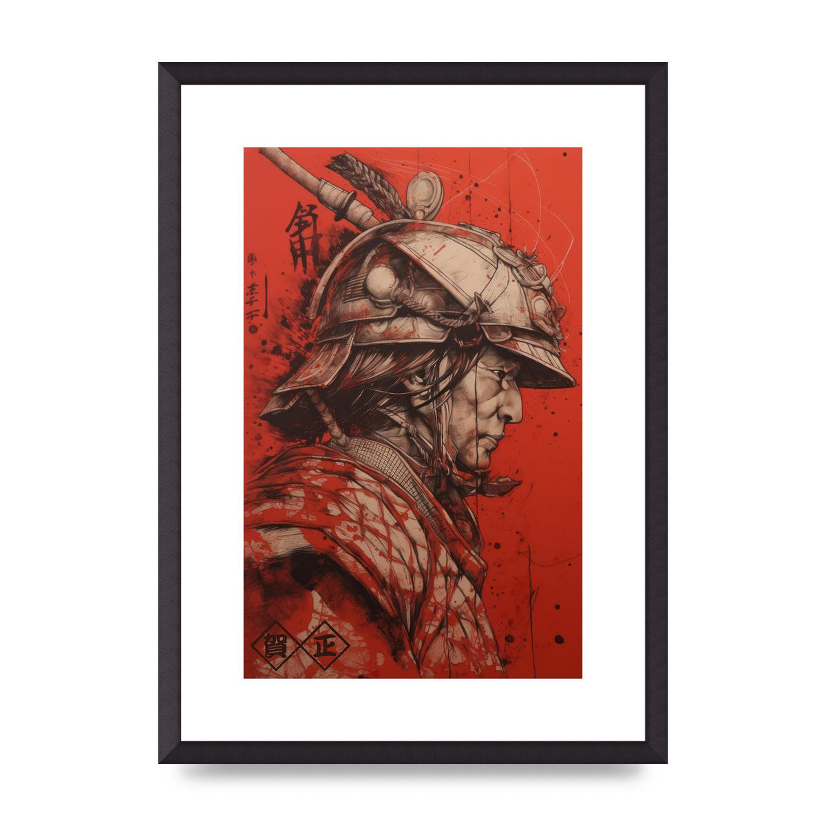 Samurai Profile in Majestic Helmet Sumi-e