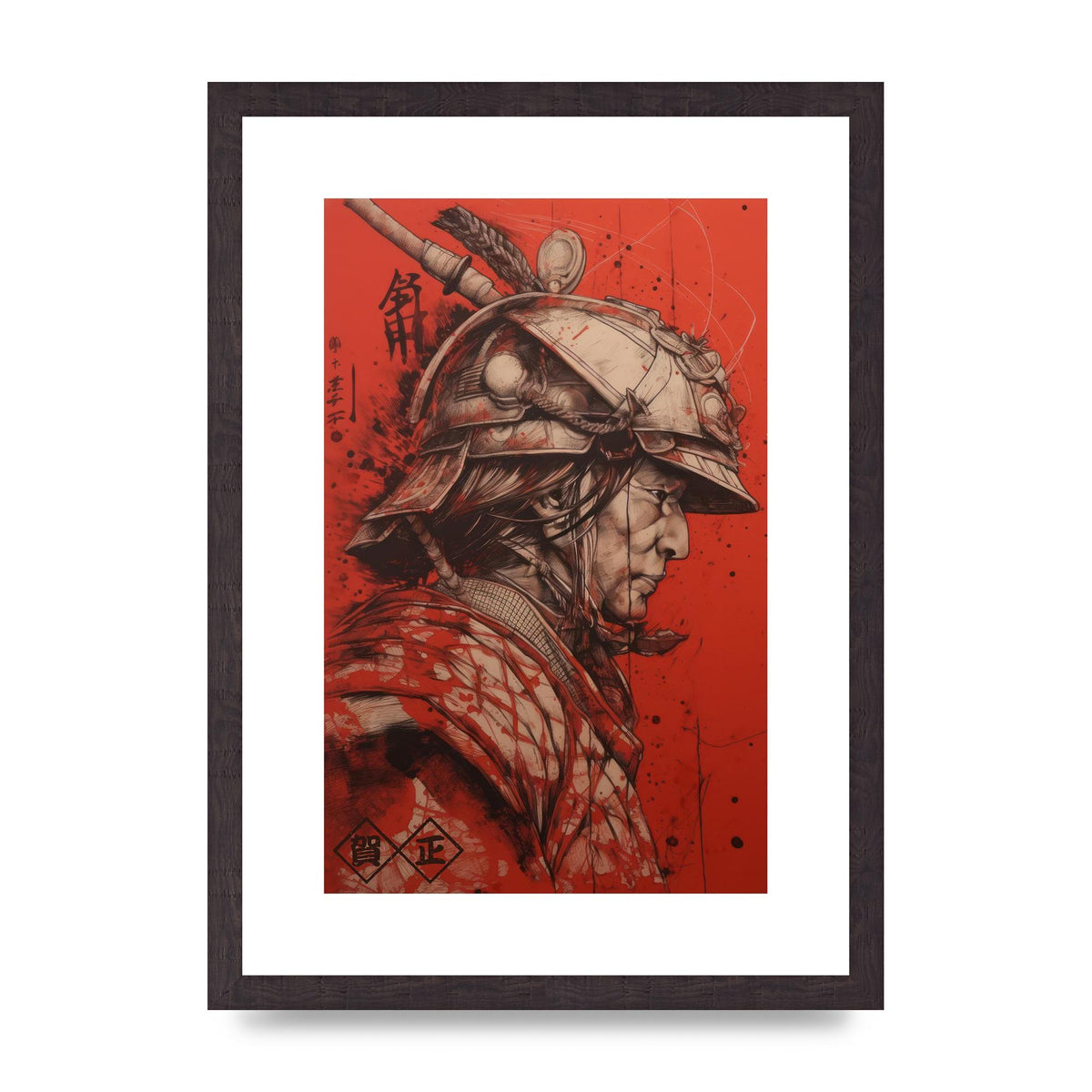 Samurai Profile in Majestic Helmet Sumi-e