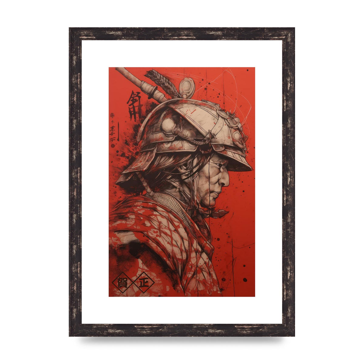 Samurai Profile in Majestic Helmet Sumi-e