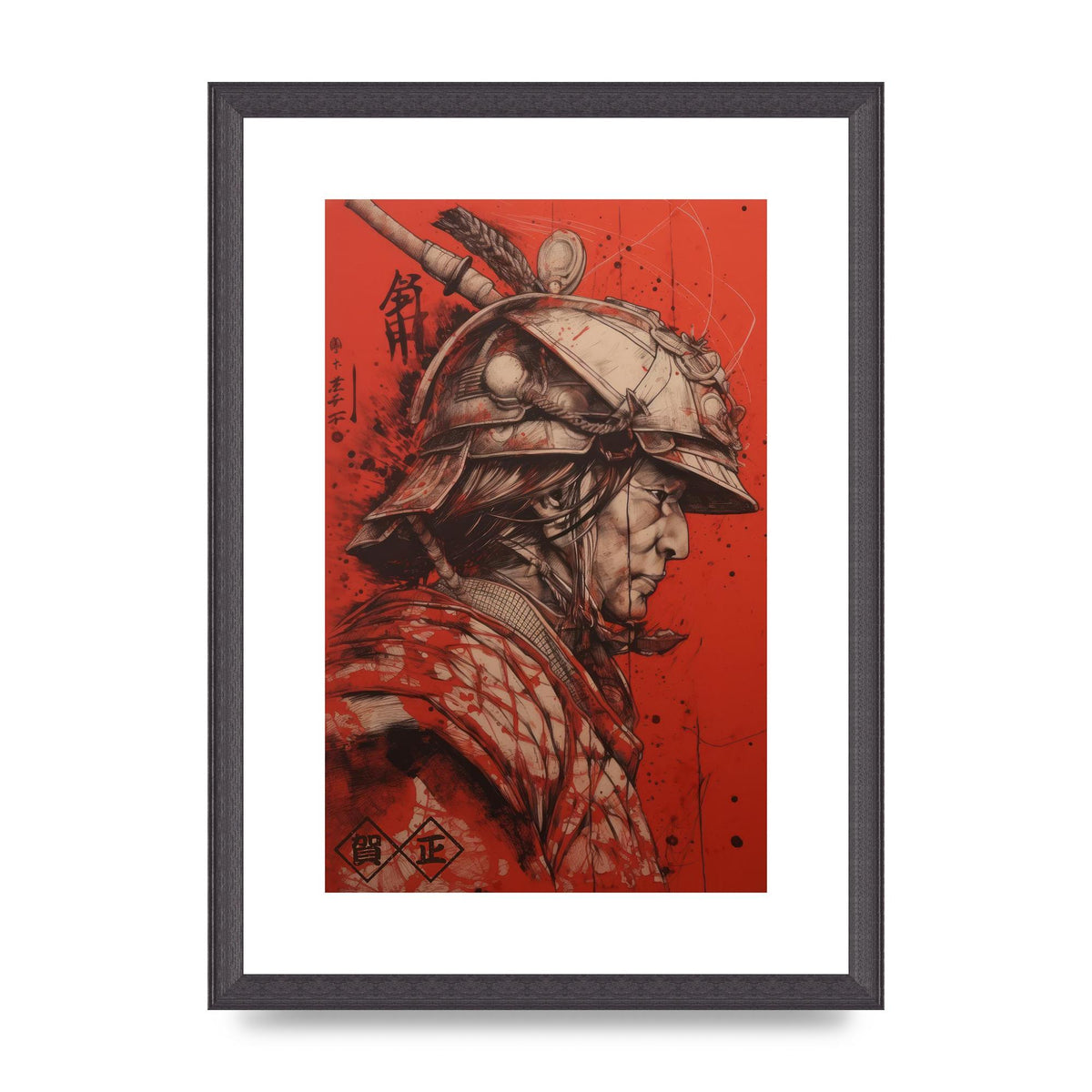 Samurai Profile in Majestic Helmet Sumi-e