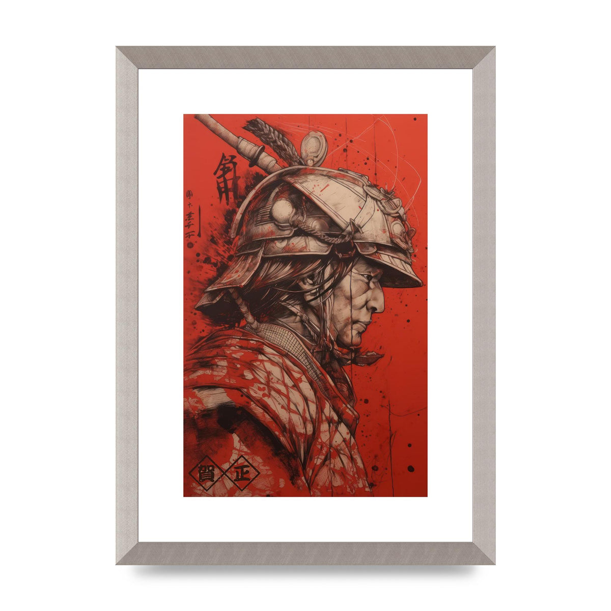 Samurai Profile in Majestic Helmet Sumi-e