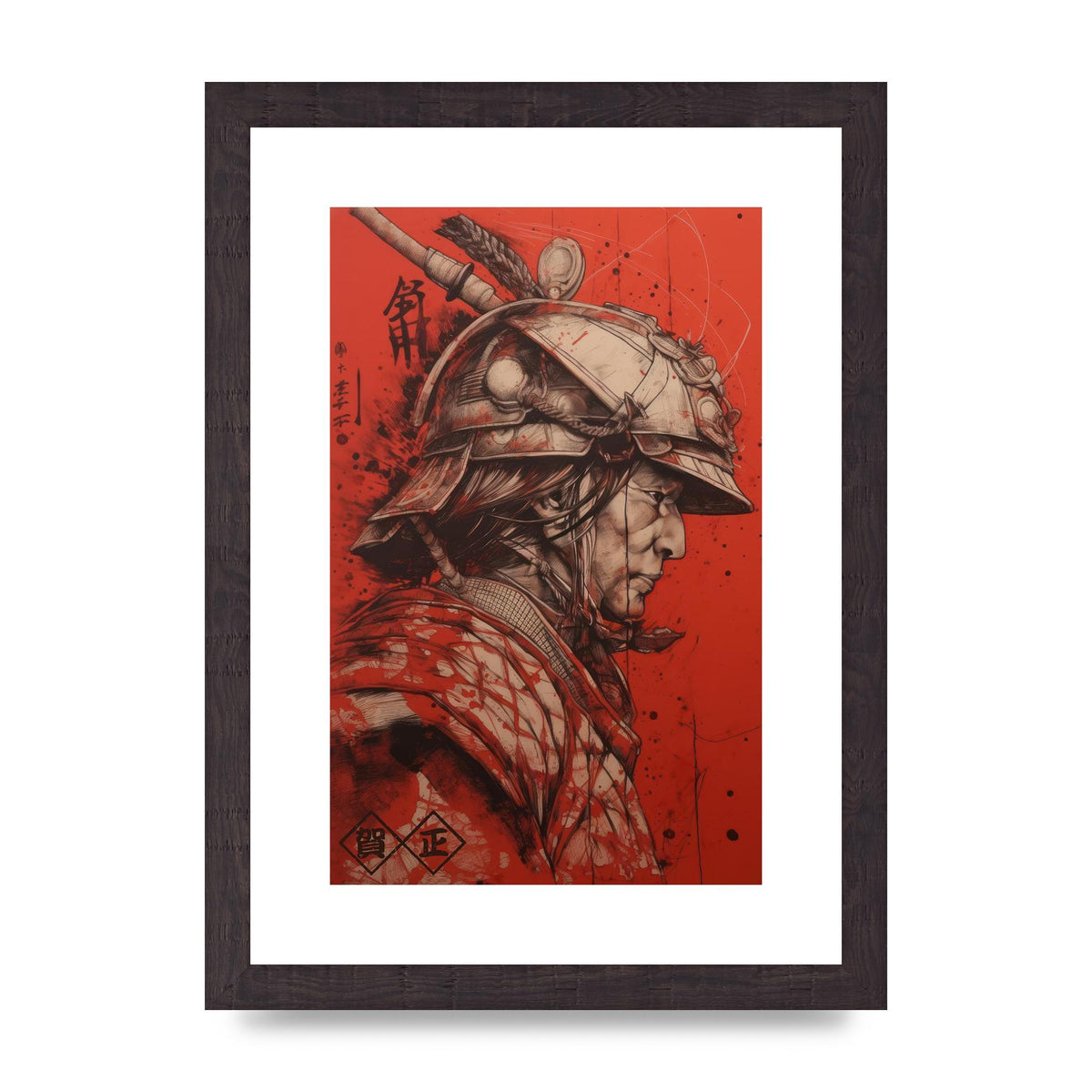 Samurai Profile in Majestic Helmet Sumi-e