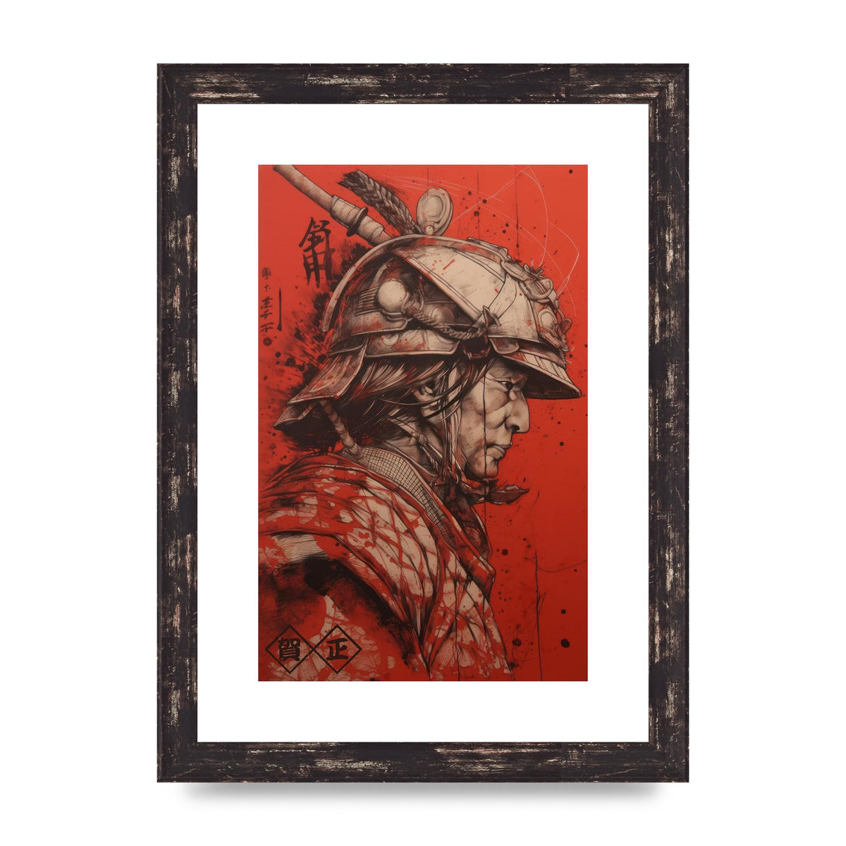 Samurai Profile in Majestic Helmet Sumi-e