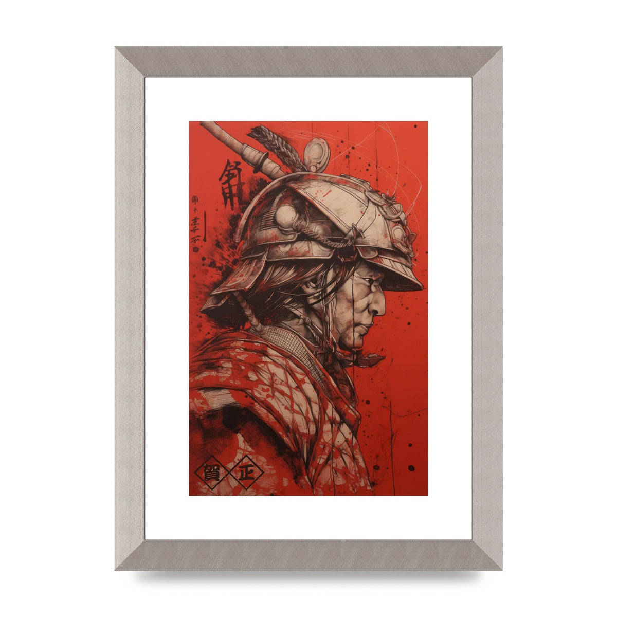 Samurai Profile in Majestic Helmet Sumi-e