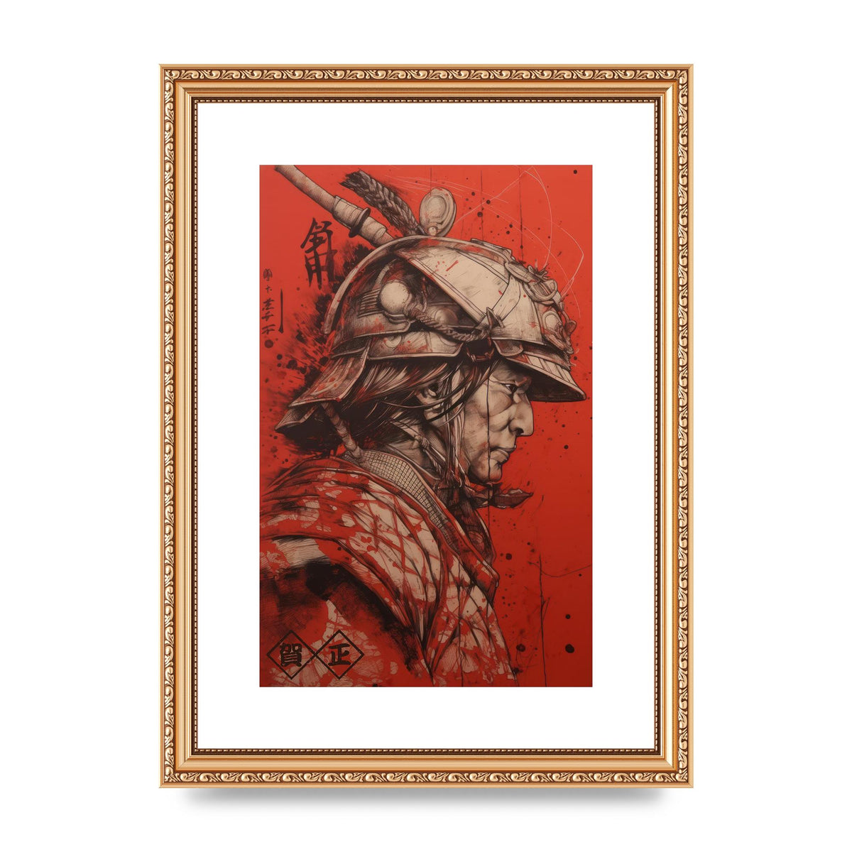 Samurai Profile in Majestic Helmet Sumi-e