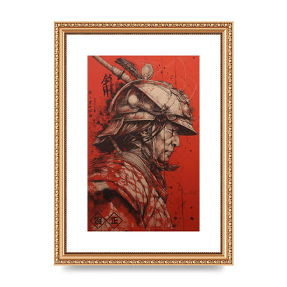 Samurai Profile in Majestic Helmet Sumi-e