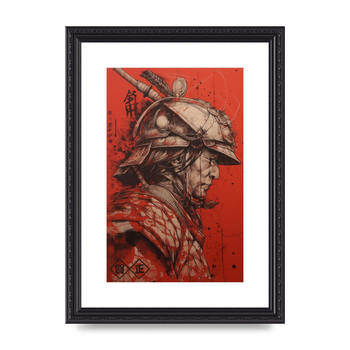 Samurai Profile in Majestic Helmet Sumi-e
