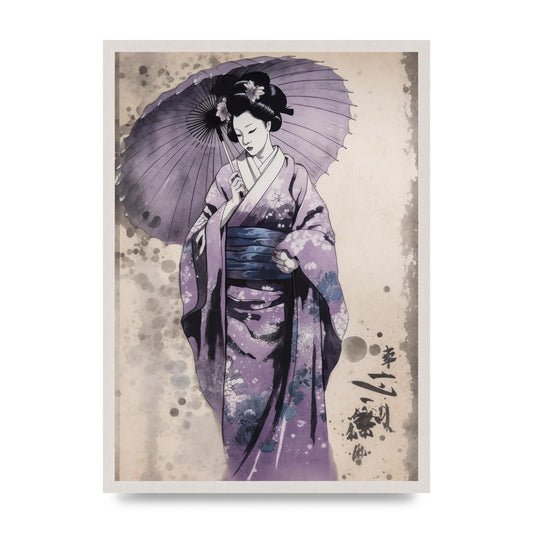 Geisha Poised on Lavender Canvas