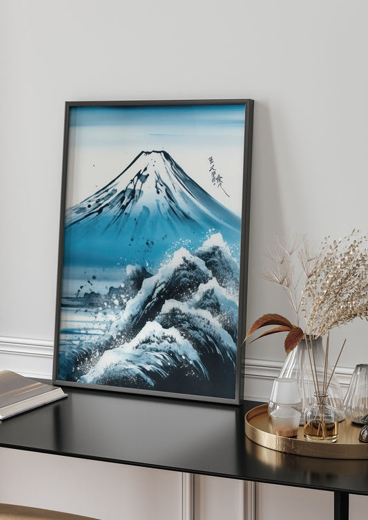 Black Ink Stroke of Mount Fuji on Azure