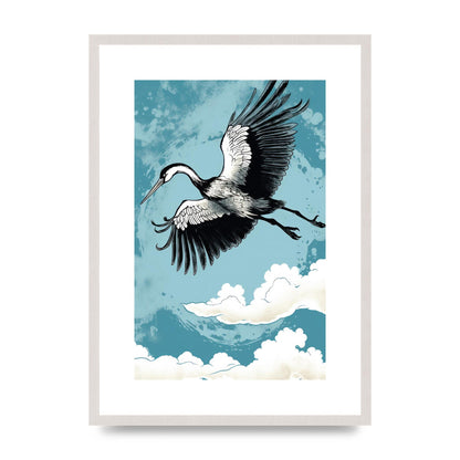 Crane Against Calm Blue Sky in Black Ink