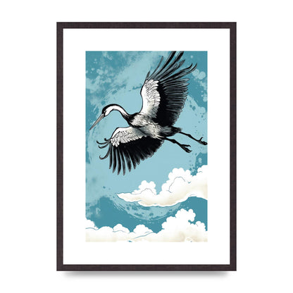 Crane Against Calm Blue Sky in Black Ink