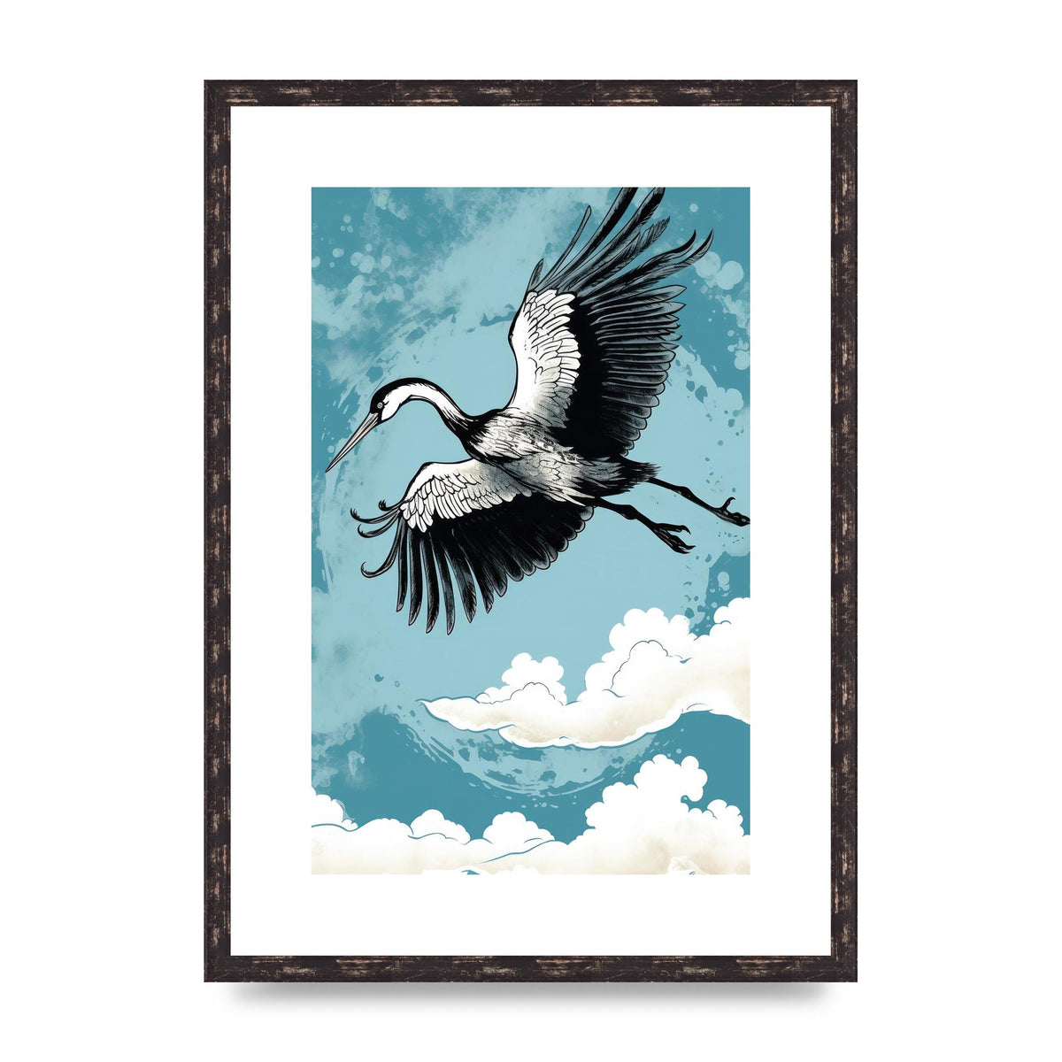 Crane Against Calm Blue Sky in Black Ink