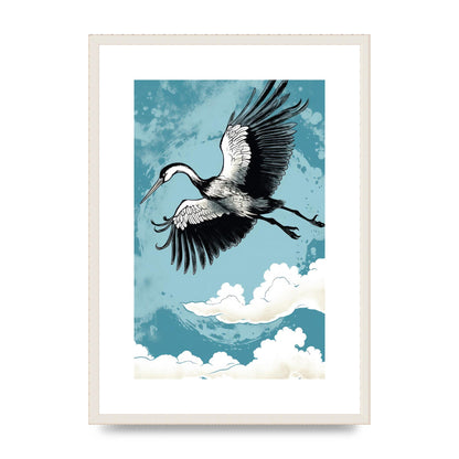 Crane Against Calm Blue Sky in Black Ink
