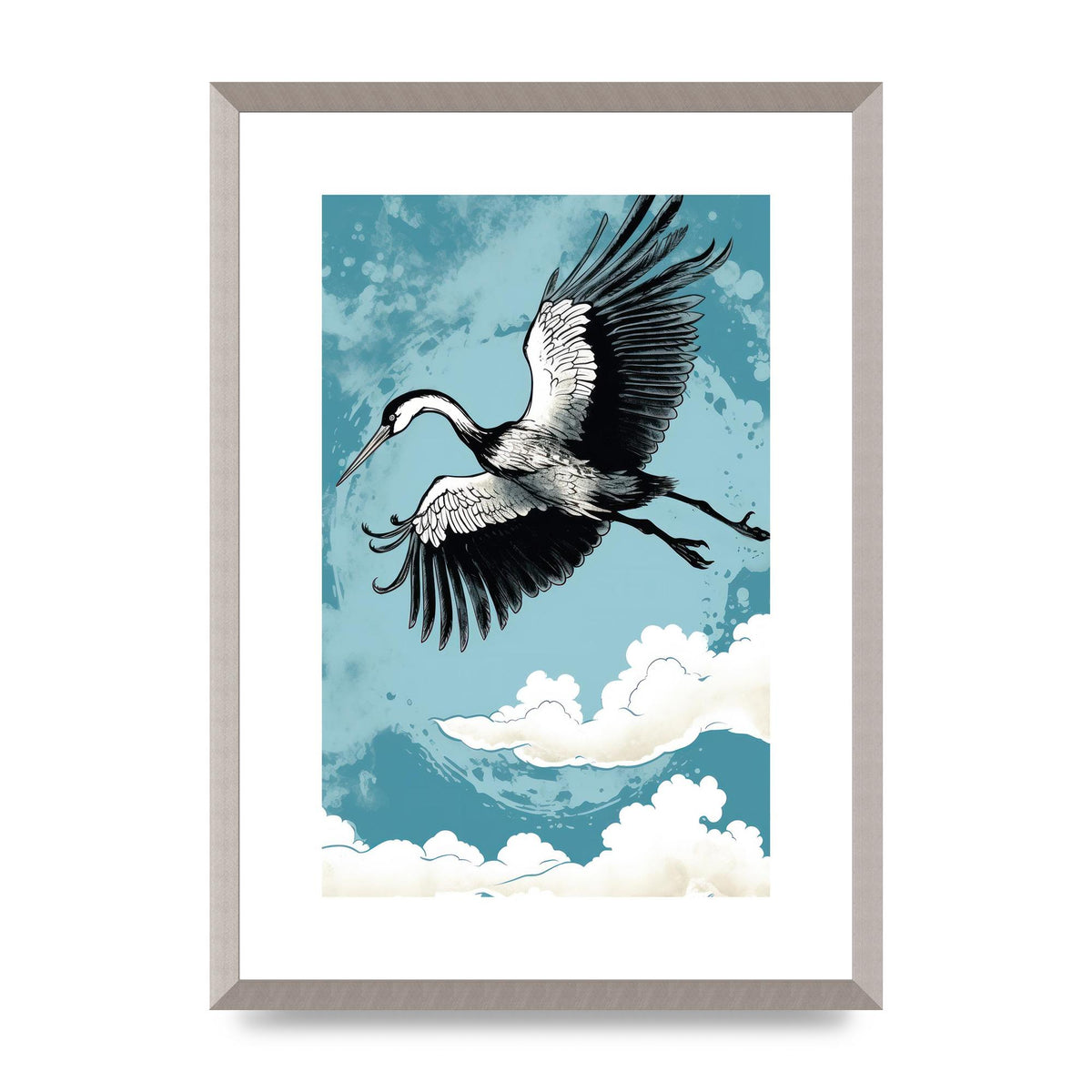Crane Against Calm Blue Sky in Black Ink