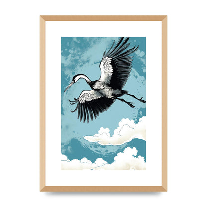 Crane Against Calm Blue Sky in Black Ink