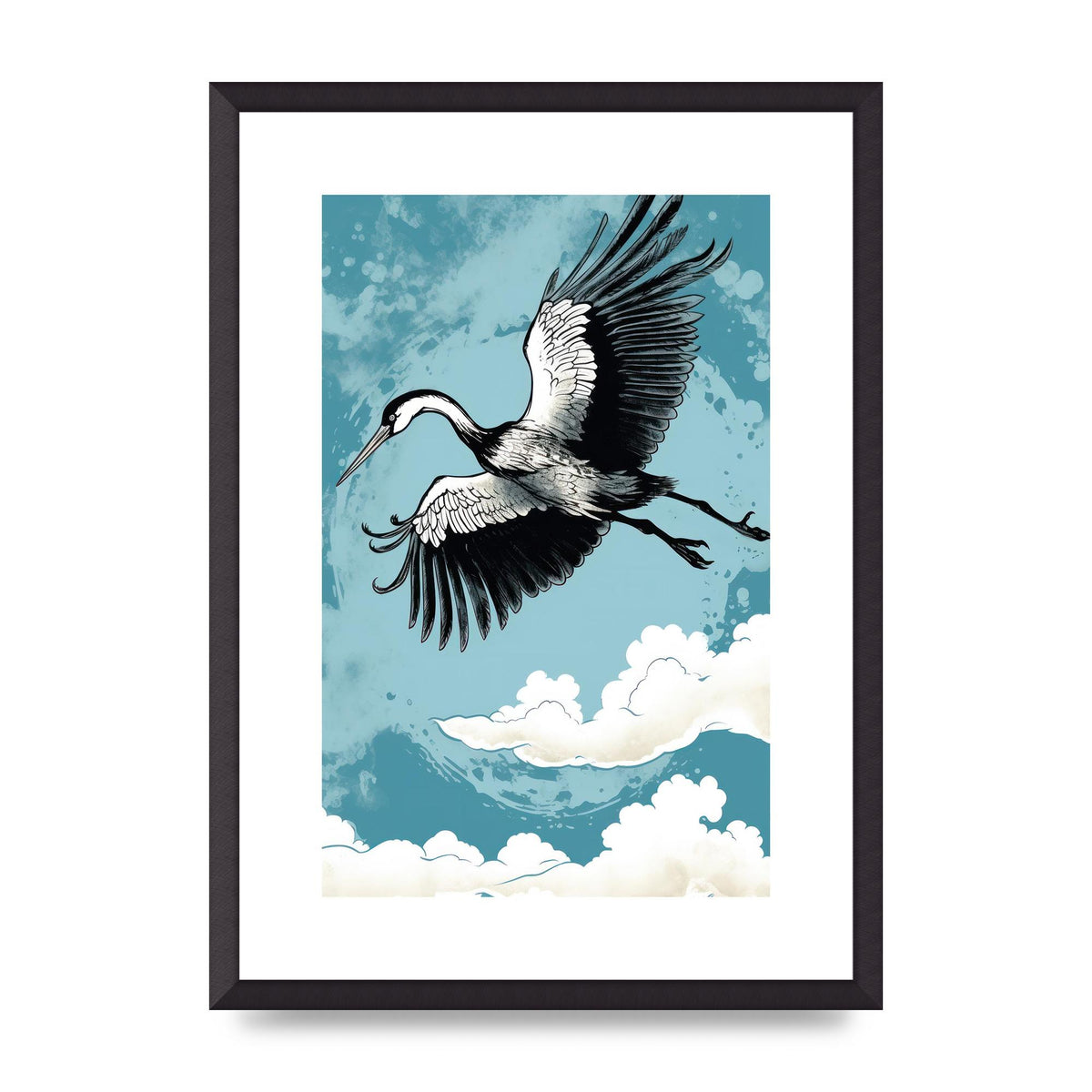 Crane Against Calm Blue Sky in Black Ink