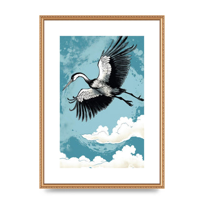 Crane Against Calm Blue Sky in Black Ink