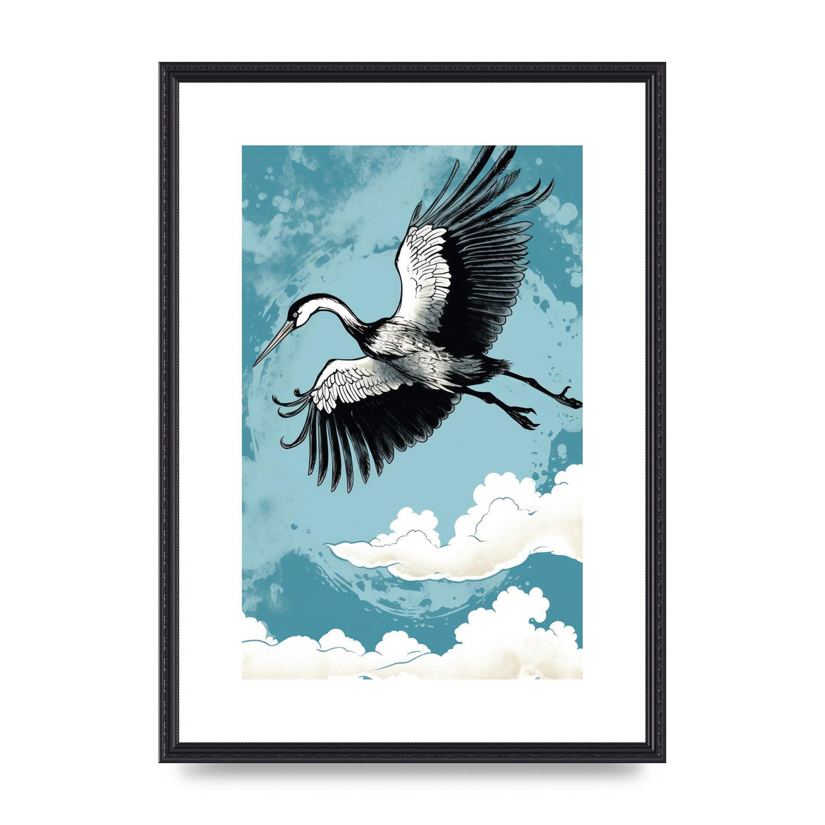 Crane Against Calm Blue Sky in Black Ink