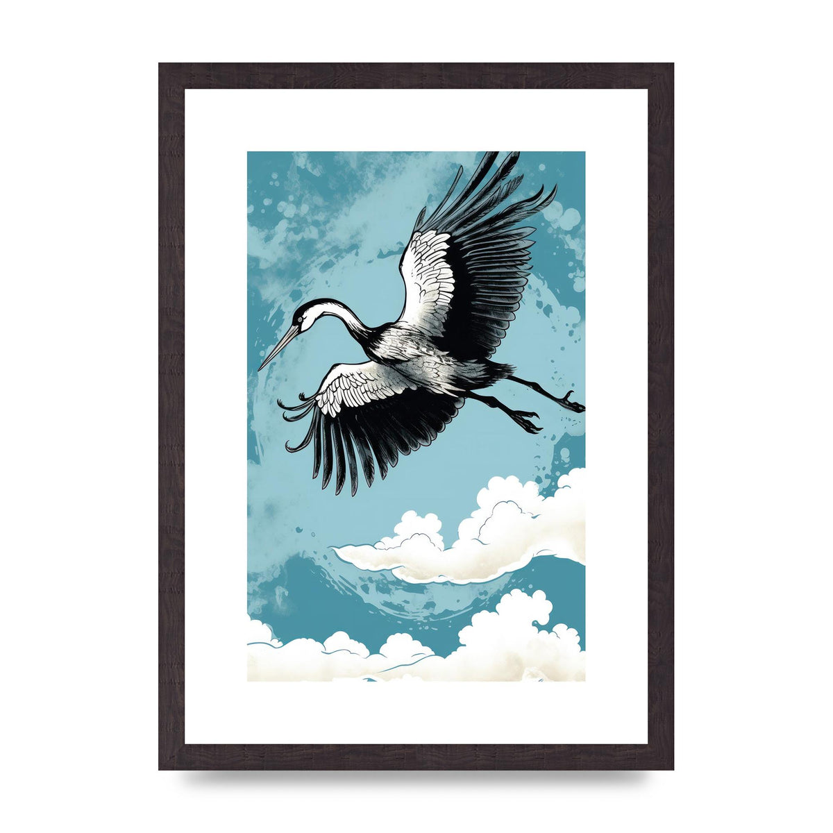 Crane Against Calm Blue Sky in Black Ink