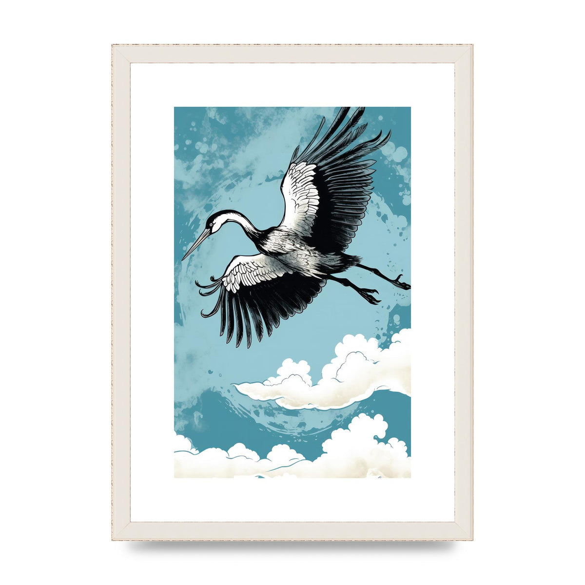 Crane Against Calm Blue Sky in Black Ink