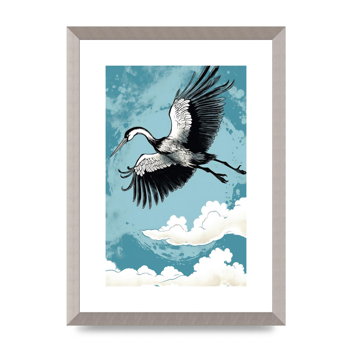 Crane Against Calm Blue Sky in Black Ink