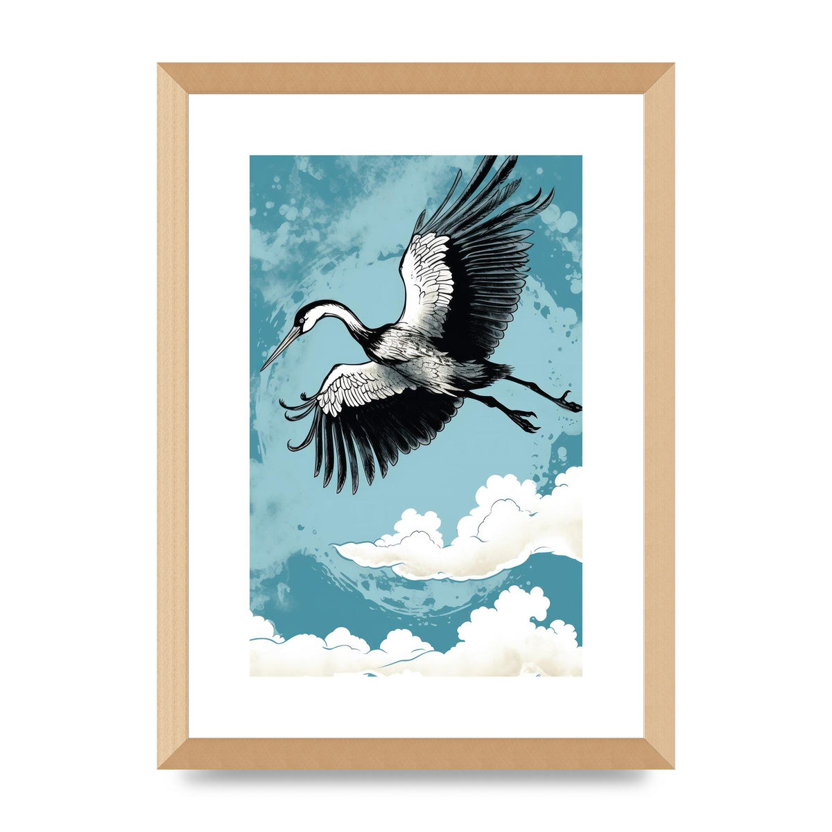 Crane Against Calm Blue Sky in Black Ink