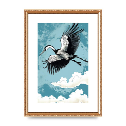 Crane Against Calm Blue Sky in Black Ink