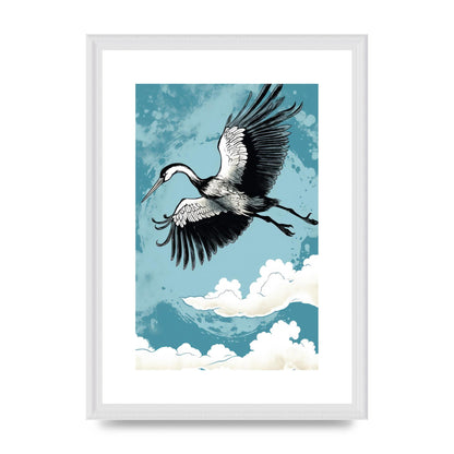 Crane Against Calm Blue Sky in Black Ink