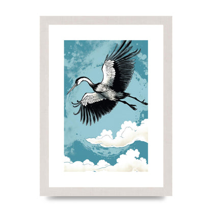 Crane Against Calm Blue Sky in Black Ink