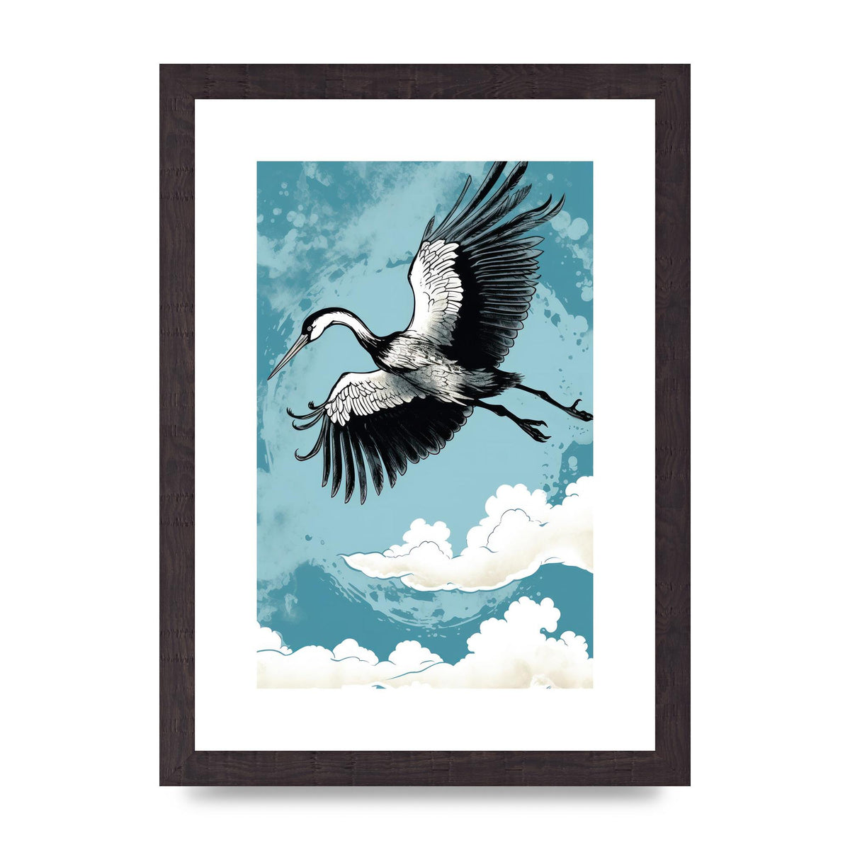 Crane Against Calm Blue Sky in Black Ink