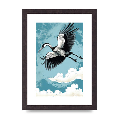 Crane Against Calm Blue Sky in Black Ink