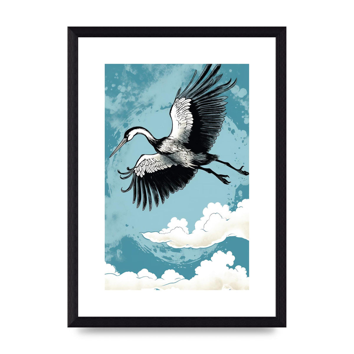 Crane Against Calm Blue Sky in Black Ink