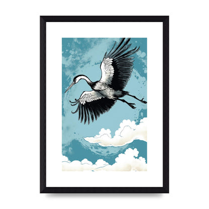 Crane Against Calm Blue Sky in Black Ink