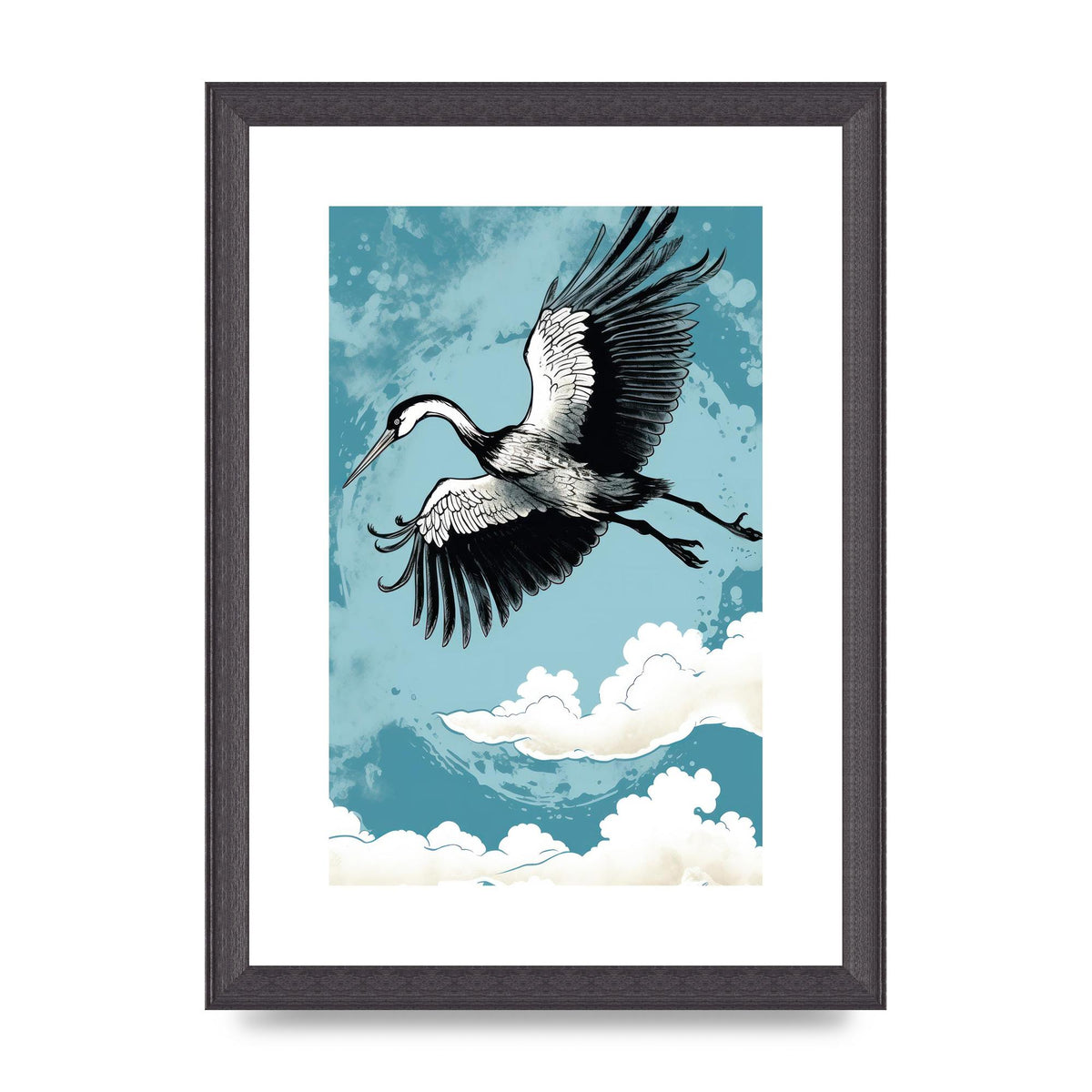Crane Against Calm Blue Sky in Black Ink