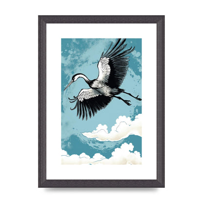 Crane Against Calm Blue Sky in Black Ink