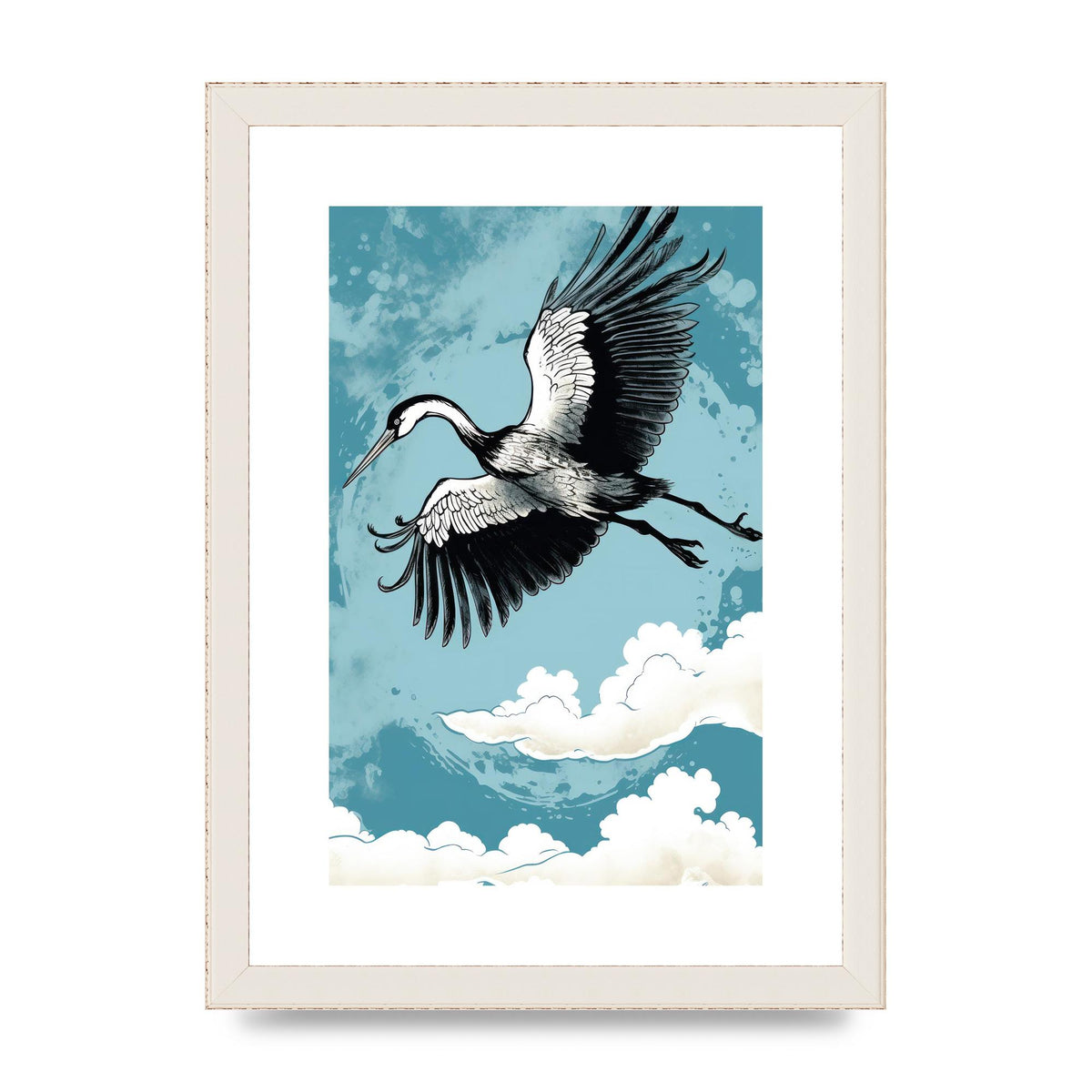 Crane Against Calm Blue Sky in Black Ink