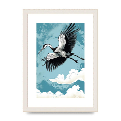 Crane Against Calm Blue Sky in Black Ink