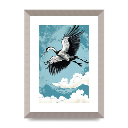 Crane Against Calm Blue Sky in Black Ink