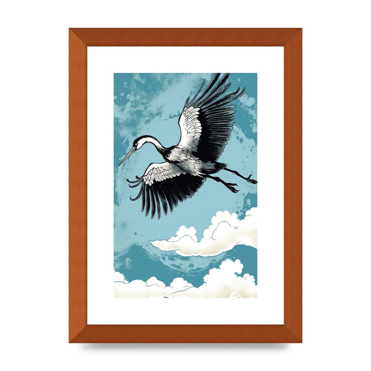 Crane Against Calm Blue Sky in Black Ink