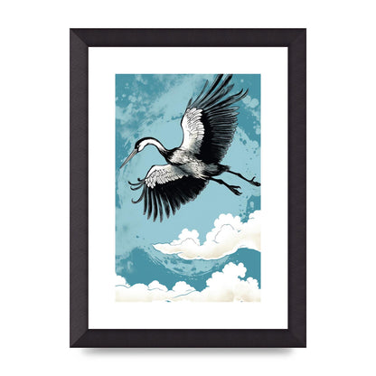 Crane Against Calm Blue Sky in Black Ink