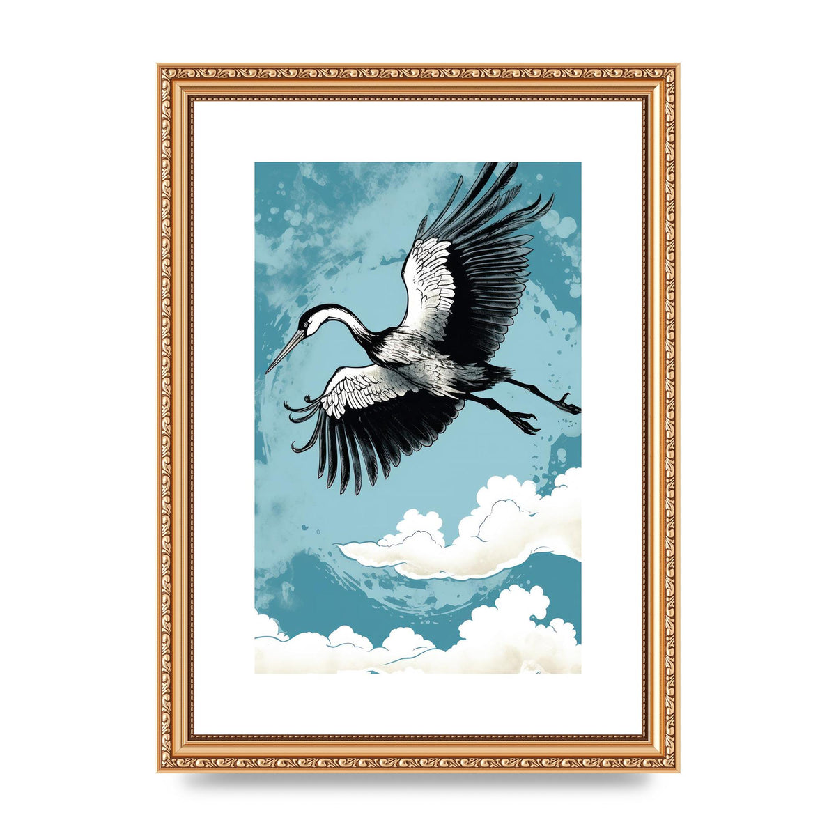 Crane Against Calm Blue Sky in Black Ink