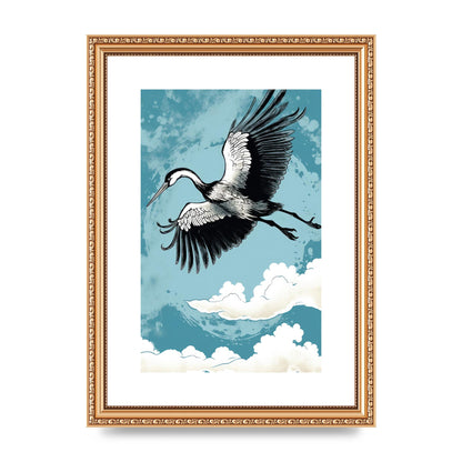 Crane Against Calm Blue Sky in Black Ink