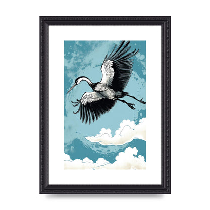 Crane Against Calm Blue Sky in Black Ink