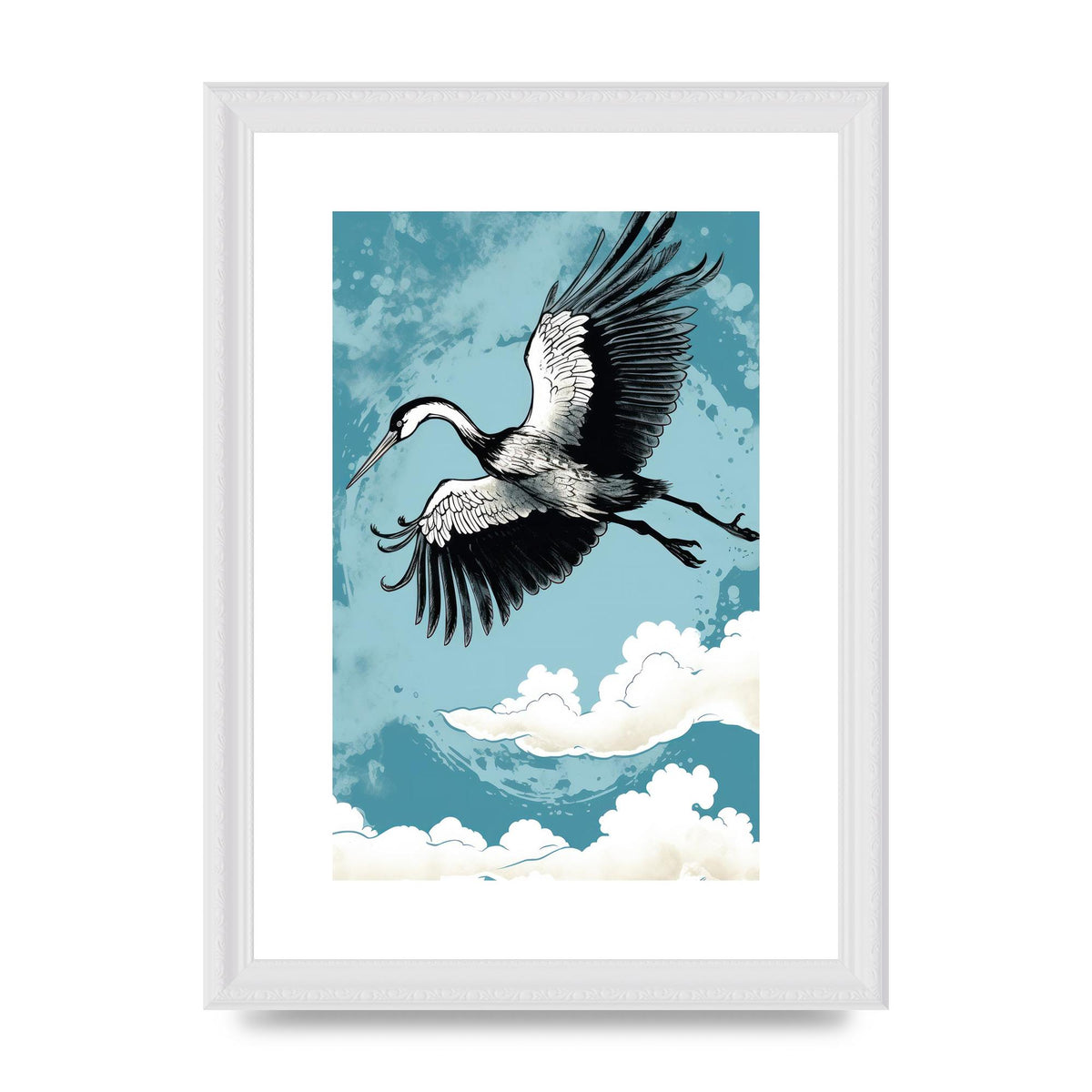 Crane Against Calm Blue Sky in Black Ink